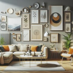 A living room with a template mockup poster empty white and with a couch and art on the wall image photo harmony has illustrative meaning.