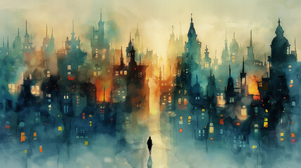 The painting shows a lonely figure walking through an empty city