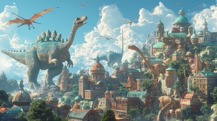Fototapeta premium The image shows a fantasy city with dinosaurs