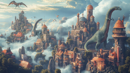 The image is a fantasy landscape with floating islands, castles, and dinosaurs.