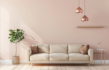interior design,ranquil Living Room with Soft Pink Walls, White Wood Flooring, and Inviting Sofa 3d rendering	
