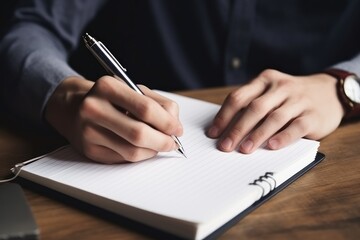 Man writes on empty notebook page with pen sitting at table in room closeup. Student hands with writing tool on blank organizer at wooden desk. Marking notes about creative ideas concept - Powered by Adobe