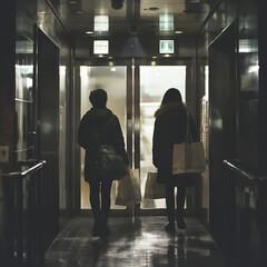 Two women with shopping bags exiting the elevator
