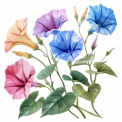 Vibrant morning glory flowers in various colors are showcased in an illustration, complemented by green leaves, ideal for floral themes.
