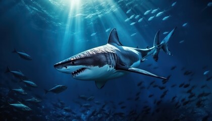 Fototapeta premium Great white shark in the ocean, portrait of White shark hunting prey in the underwater
