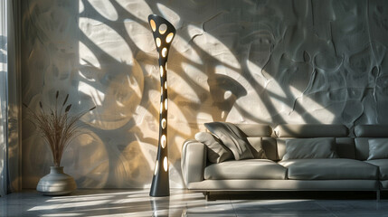 An artistic floor lamp with a sculptural design, serving as a focal point in a contemporary living room and casting unique shadows across the walls