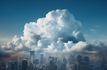 Fototapeta premium Capture the essence of Cloud Computing with a frontal view of a digital cityscape shrouded in fluffy, photorealistic clouds Showcase scalability through buildings disappearing into the cloud.