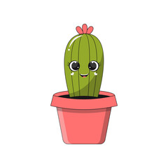 Vector Illustration of Kawaii Potted Cactus. Cartoon Character on White Background