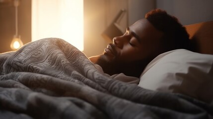 African-American man sleeps under warm plaid on soft bed at home closeup. Handsome black guy dreams lying on pillows in cozy bedroom. Young man naps comfortably in semi dark hotel room