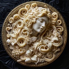 Gourmet pasta plate from above, noodles arranged to mimic a classical sculpture, in a detailed Baroque art style