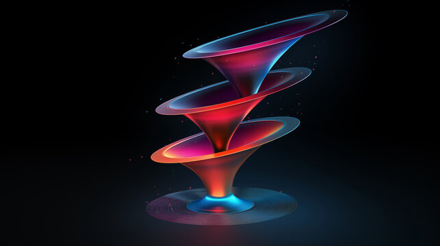 Colorful 3D funnel model flow 5 step, levitating on dark blue background.
