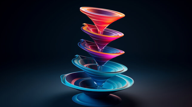 Colorful 3D funnel model flow 5 step, levitating on dark blue background.