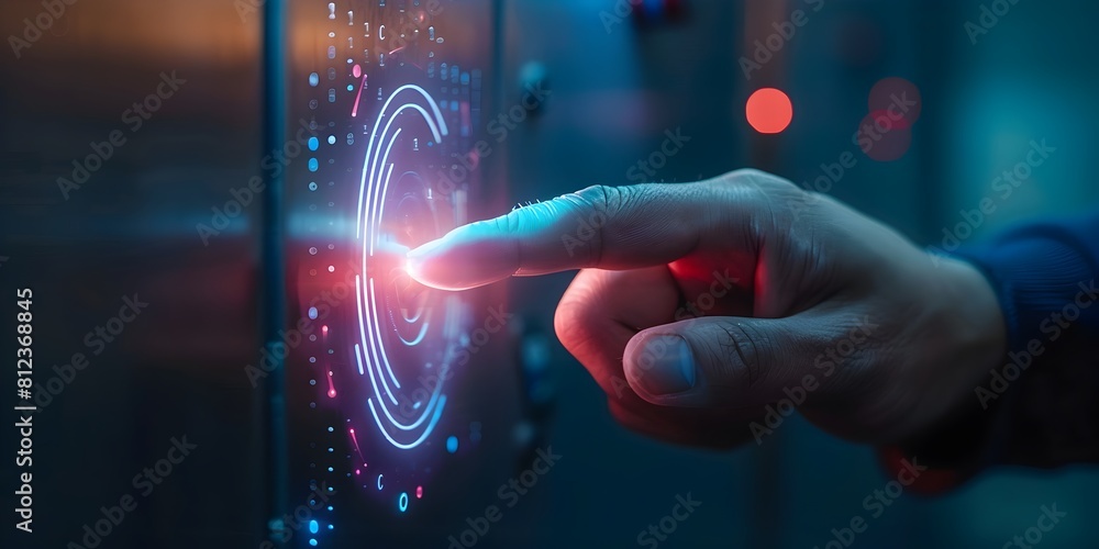 Poster close up finger touching digital lock shield button on touchscreen interface symbolizing modern elec