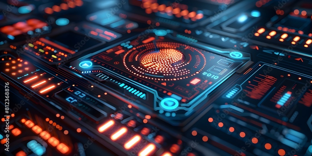 Poster futuristic digital security interface with password and biometric authentication