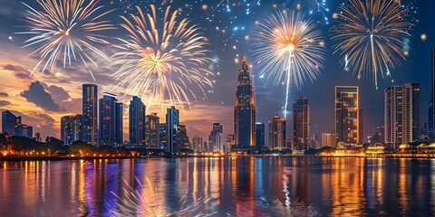 Dazzling Fireworks Light Up the Vibrant Cityscape in a Stunning Nighttime Panorama