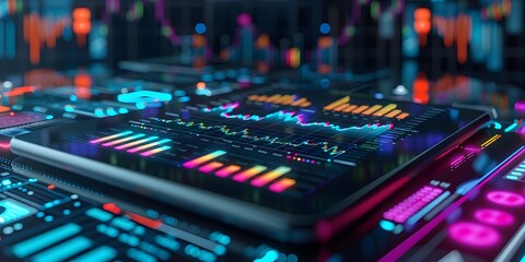 Futuristic Digital Display of Vibrant 3D Financial Analytics and Market Forecasts on a Tablet Interface