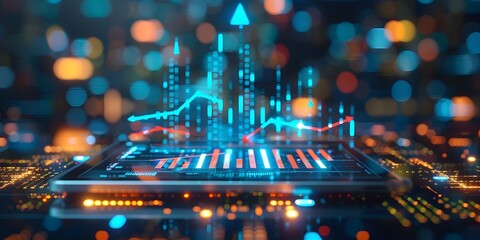 Futuristic 3D Financial Report on Tablet with Upward Growth Arrows and Digital Backdrop