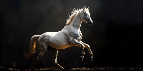Majestic Silver White Horse Rearing in Dramatic Lighting Against Black Background with Copy Space