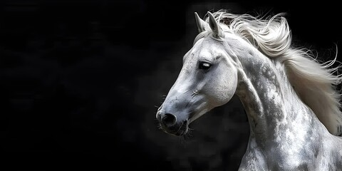 Obraz premium Powerful and Graceful Silver White Stallion Rears Under Intense Studio Lighting Against Dark Backdrop