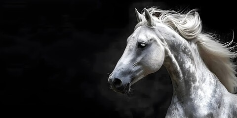 Powerful and Graceful Silver White Stallion Rears Under Intense Studio Lighting Against Dark Backdrop