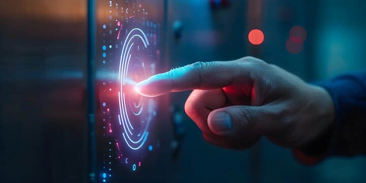 Close up finger touching digital lock shield button on touchscreen interface symbolizing modern electronic protection and cybersecurity technology