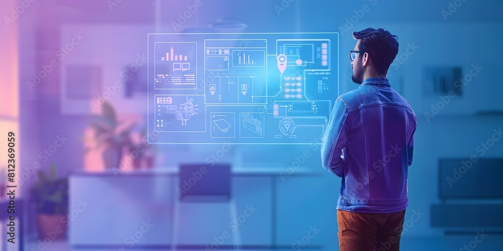 Poster electrical engineer developing smart home automation system with digital dashboard interface