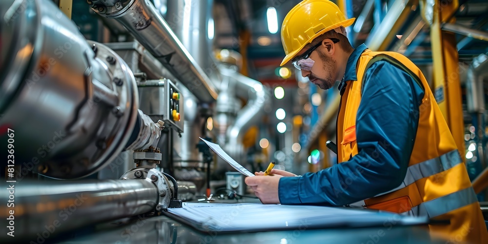 Poster engineer reviewing safety protocols for new industrial machine in factory setting