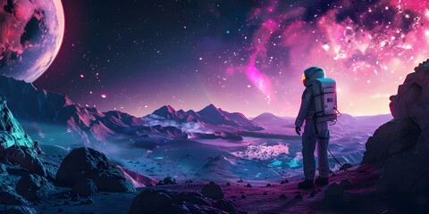 Fototapeta premium A Space Traveler Exploring an Alien Landscape and Collecting Samples Amid a Captivating Cosmic Backdrop