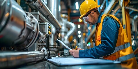 Engineer Reviewing Safety Protocols for New Industrial Machine in Factory Setting