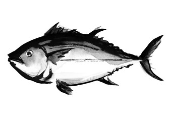 魚、マグロの水彩風イラスト　モノクロ