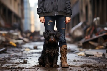 a woman standing next to a dog in a dirty street