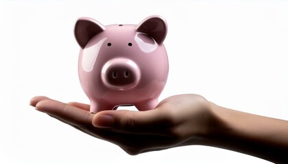 Hand holding pink piggy bank isolated on transparent a white background