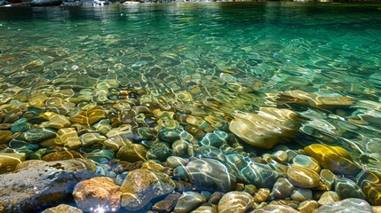 a river with clear water and rocks under it