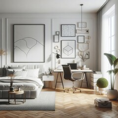 Bedroom sets have template mockup poster empty white with Bedroom interior and a desk image art attractive has illustrative meaning card design.