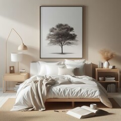 Bedroom sets have template mockup poster empty white with Bedroom interior and a picture on the wall image art photo has illustrative meaning used for printing.