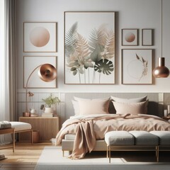 Bedroom sets have template mockup poster empty white with Bedroom interior and paintings on the wall art realistic photo has illustrative meaning card design.