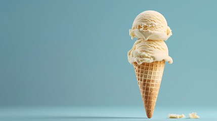 Double Scoop Vanilla Ice Cream Cone on a Blue Background