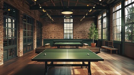 a ping pong table in a large room with windows