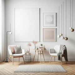 Room with a template mockup poster empty white and With Table And Chairs realistic card design.