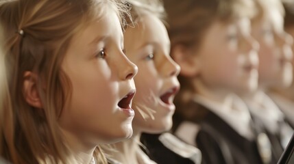 a group of young children singing into a microphone together