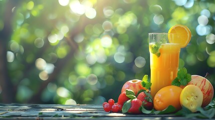 Fresh juice with fruits on wooden table with nature green background