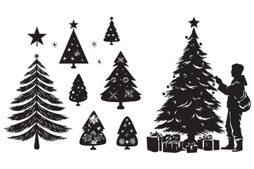 silhouette of a family decorating a Christmas tree with all elements as separate objects