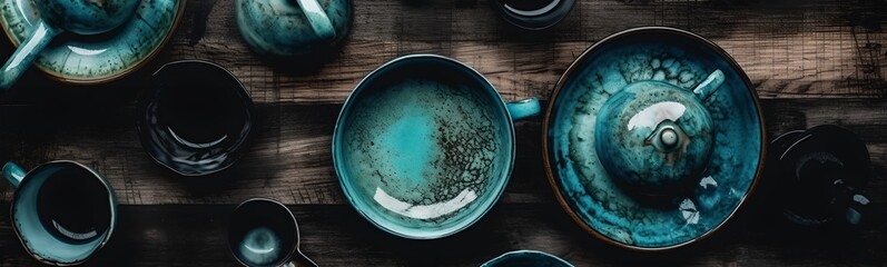 a table topped with lots of blue bowls and spoons next to each other