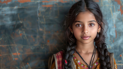 Fototapeta premium a young indian girl dressed in casual clothes writing on a chalkboard.generative ai