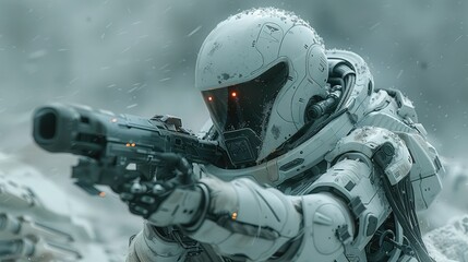 Conceptual artwork depicting a cyborg warrior in a dynamic combat stance amidst a futuristic battleground.