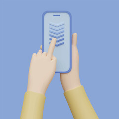 Fingers touching, tapping, scrolling smartphone screens concept. Realistic 3d object cartoon style.