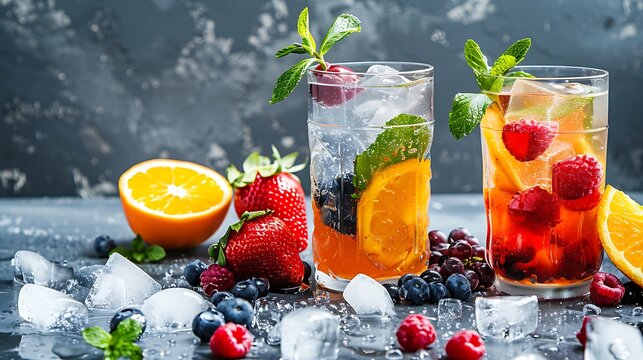 Summer refreshing fruit drinks with ice on a grey background