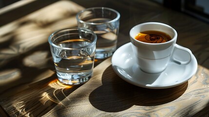 Fototapeta premium two cups of espresso and a glass of water