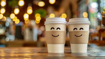 Two happy cups on coffee store blur background