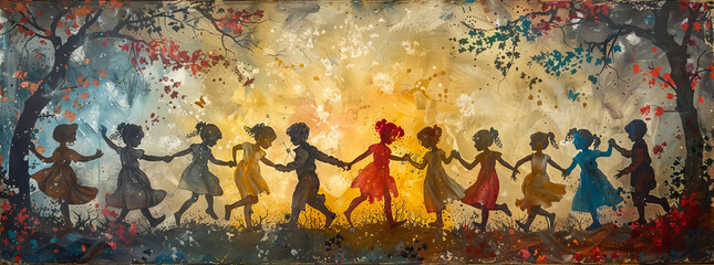 Fototapeta premium a party,silhoutte of boys and girls dancinig hand in hand with a neck scarf, full colour generative ai